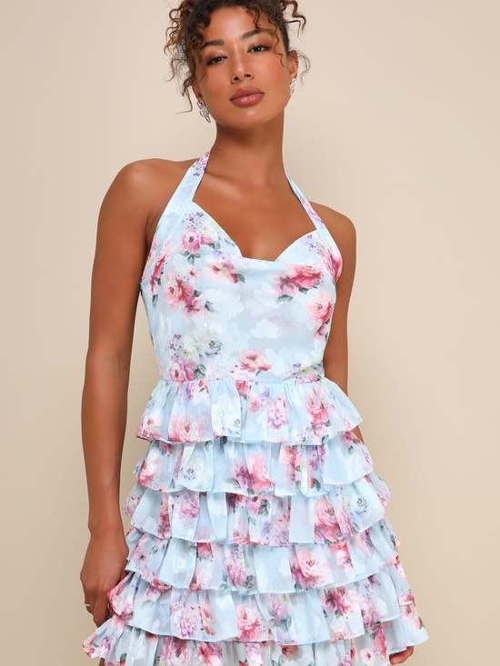 Lulus Dresses & Skirts - NWT Lulus Trending Adorable Light Blue Floral Tiered Halter Mini Dress